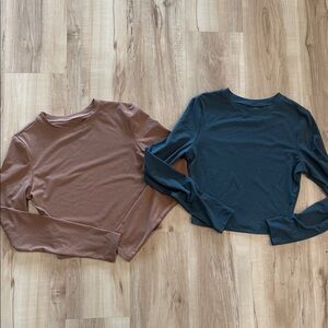 Brown and Blue Long Sleeve Crop Tops